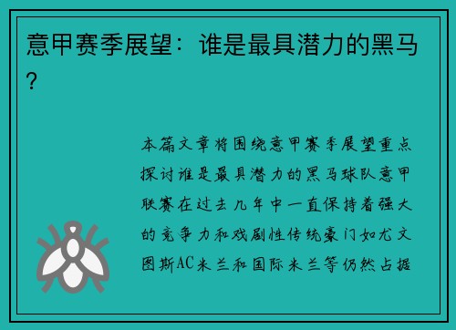 意甲赛季展望：谁是最具潜力的黑马？